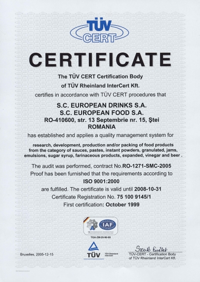 TUV Certificate European food